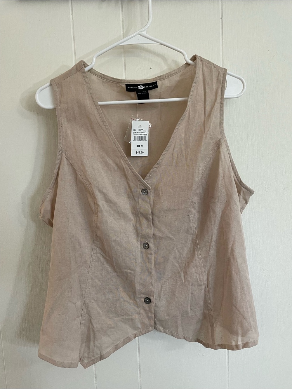 Ashley Stewart Light Tan Linen Blend Button-Front Vest